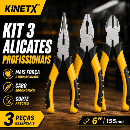 Kit Alicate Universal de Corte Bico Fino 3 Peças Profissional 6 Pol Aço CR V KINETX