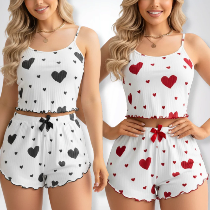 Kit 2 Pijama Feminino Baby Doll Estampa Coração Blusa e Shorts