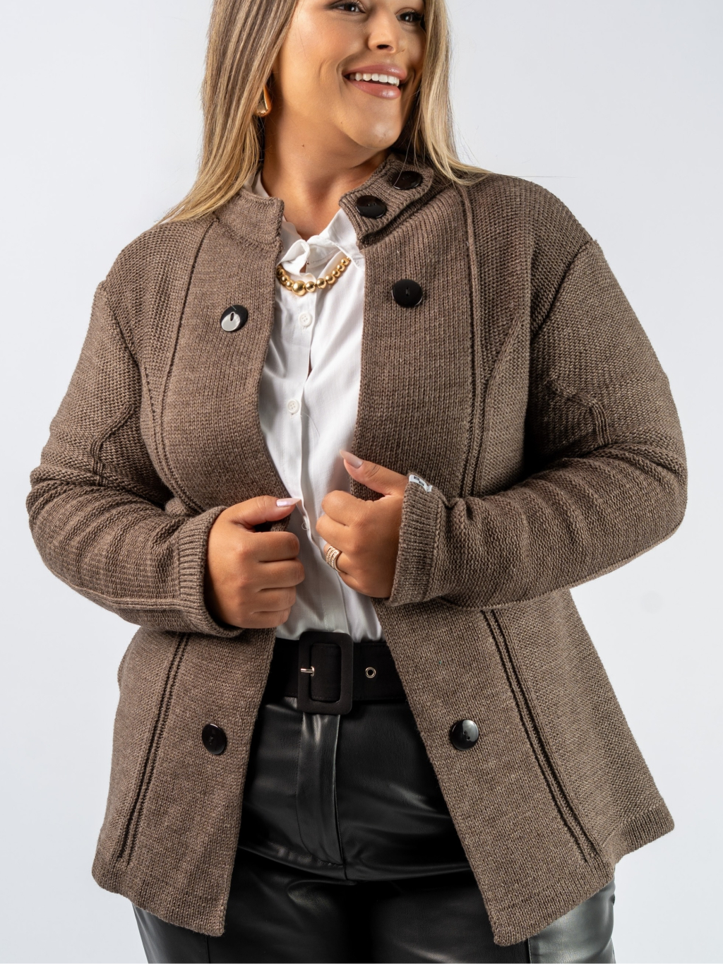 Casaco Feminino Trico Inverno Luxo Cardigan Botões Aberto Lã