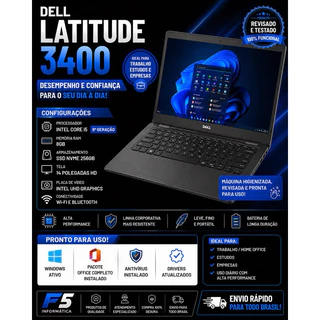 Notebook Dell 3400 / CORE I5 - SSD 256GB - 8 GB RAM - 💼 LINHA CORPORATIVA (PCT OFFICE COMPLETO)