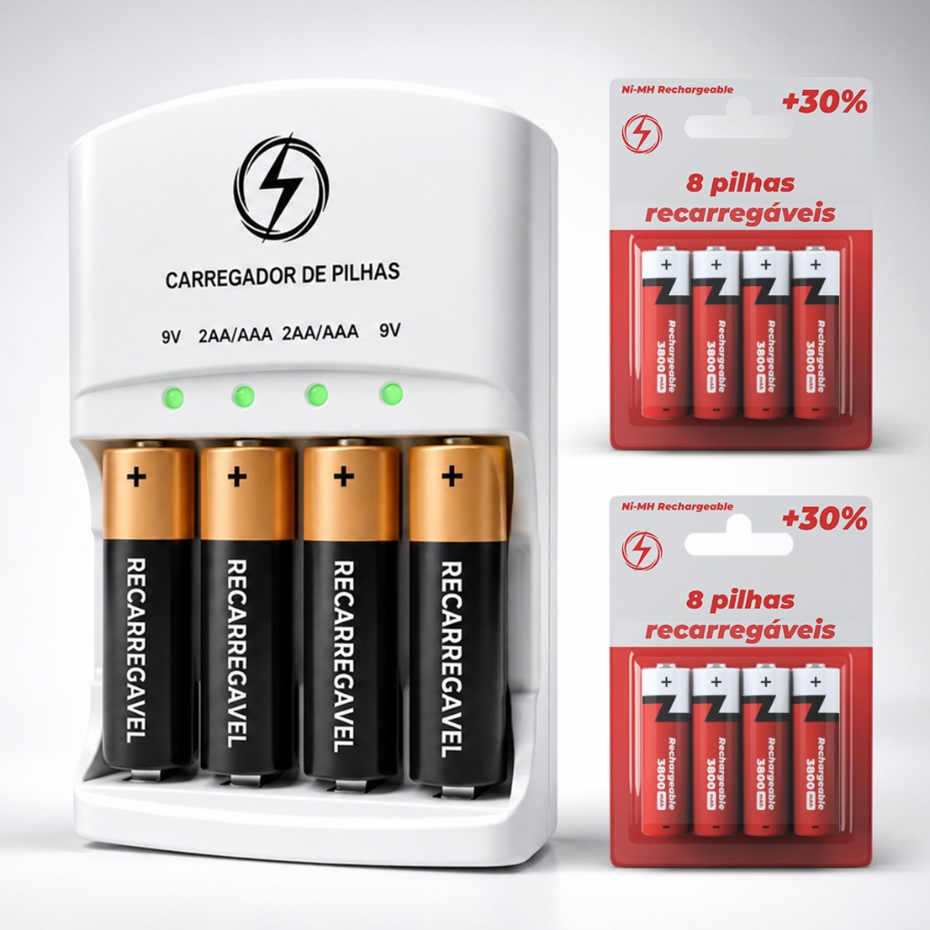 Carregador de Pilhas Recarregáveis Kit + 8 Baterias opcionais AA/AAA ...