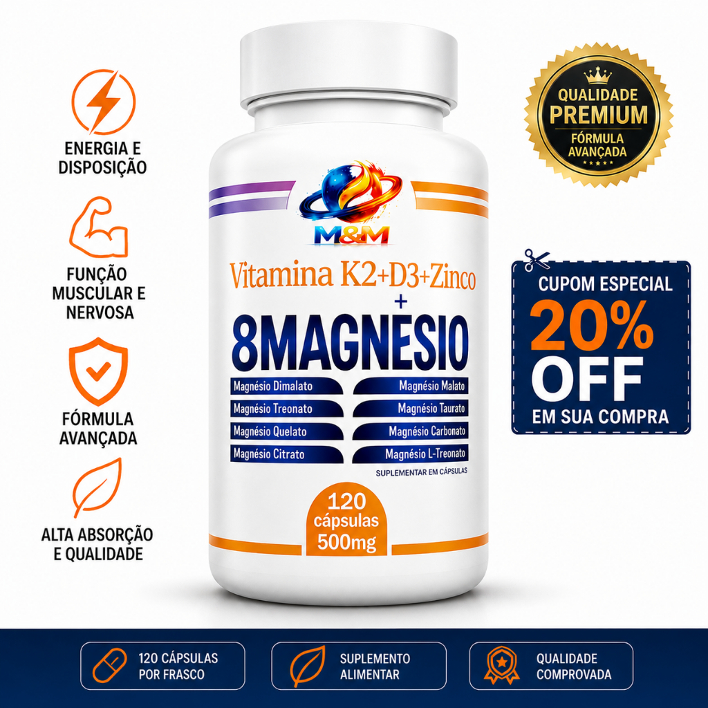8 Magnésios + Vitamina K2 e D3 + Zinco | 120 Cápsulas 500mg | Dimalato, Quelato, Treonato