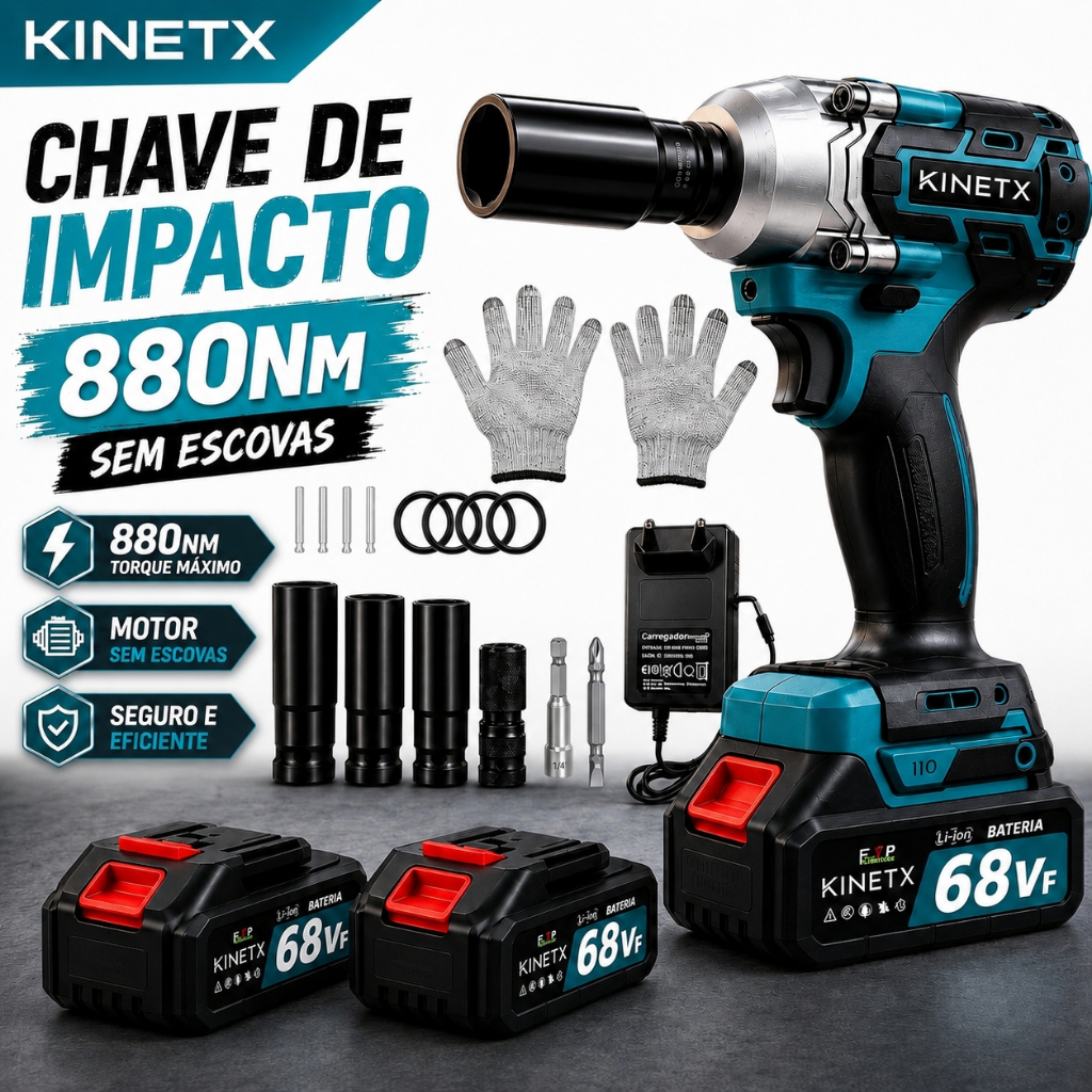 Chave de Impacto KINETX Sem Escova 68VF 880Nm 2 Baterias Com