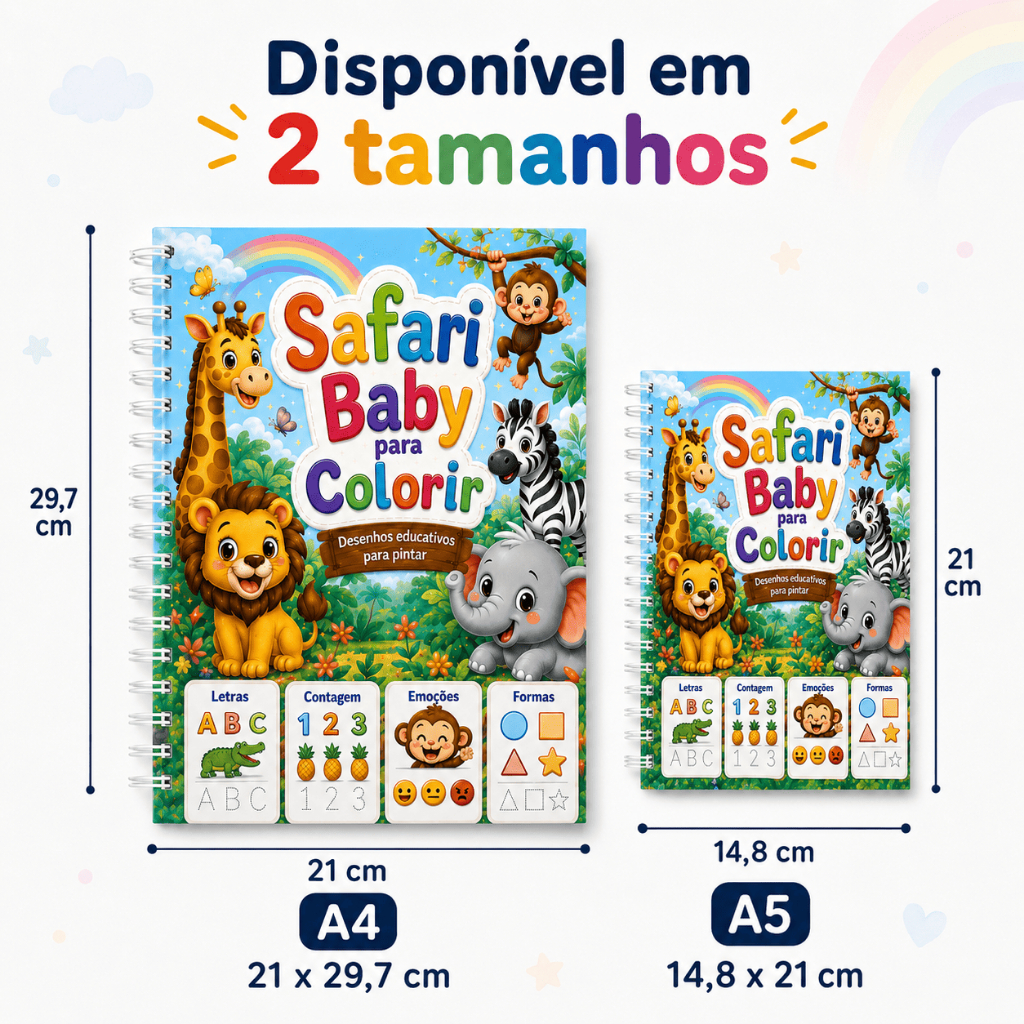 Livro de Colorir Safari Baby para Meninos e Meninas | 50 ou 70 Atividades Educativas Exclusivas