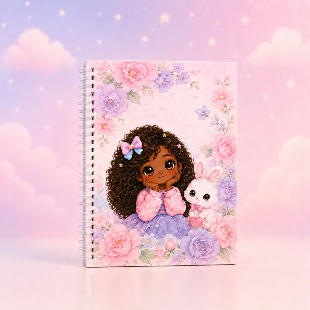 Caderno Personalizado Infantil | Meninas — Flores Rosa e Lilás - pele negra