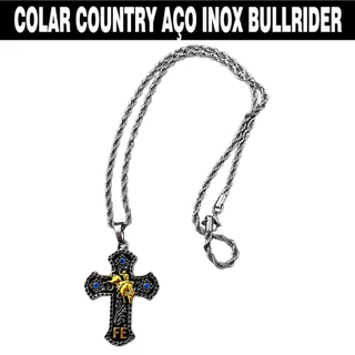 Colar Country Aço Inox Boi e Fé Pingente Bull Rider Ouro Prata Cowboy Peão Rodeio Sertanejo Premium