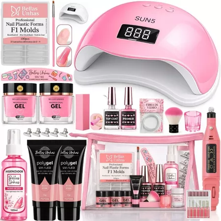 Kit de Alongamento de Unhas em Gel Polygel e Fibra 3 em 1 Completo Profissional Iniciante Cabine Sun Lixadeira