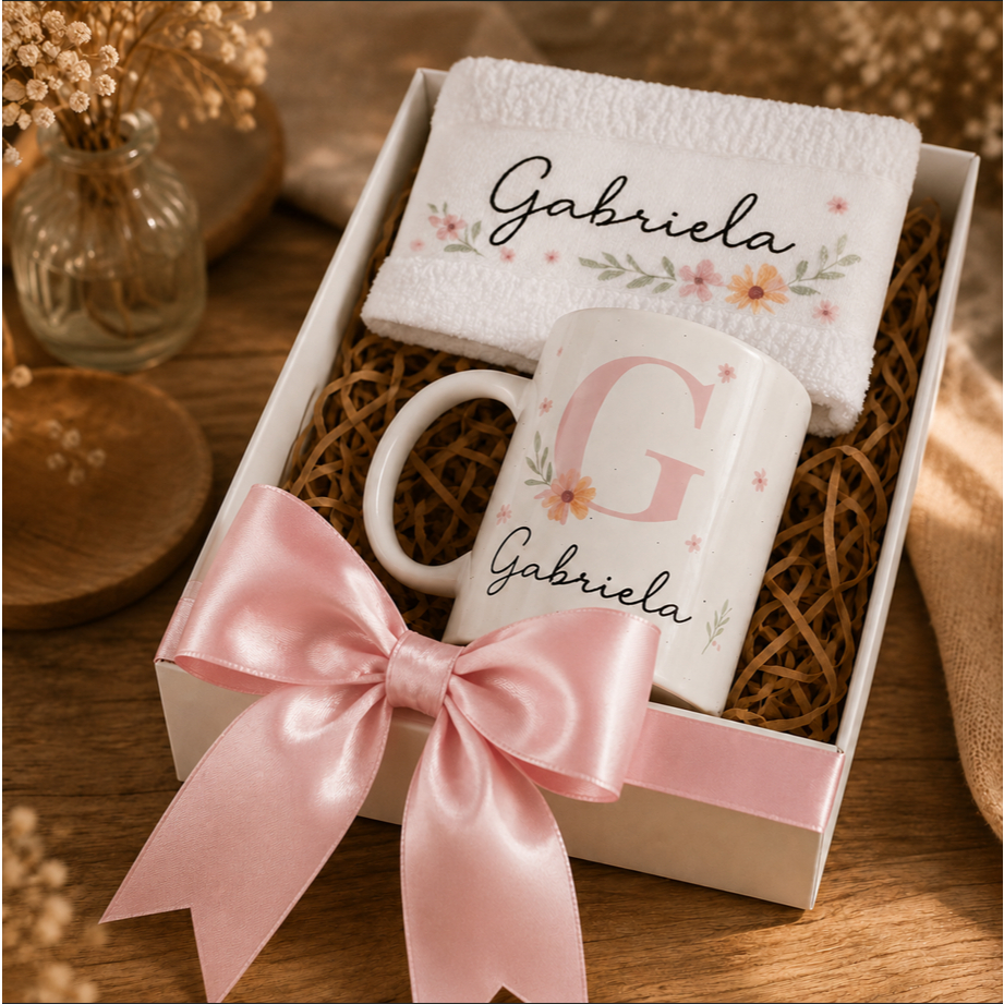 Kit Caneca Personalizada + Toalhinha Lembrancinha Festa Aniversário Noivado Casamento PRESENTE