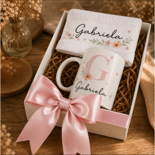 Kit Caneca Personalizada + Toalhinha Lembrancinha Festa Aniversário Noivado Casamento PRESENTE
