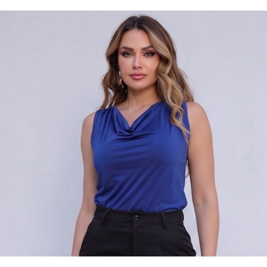 Blusinha Feminina Regata drapeada gola boba lisa suplex Elegante Casual ...