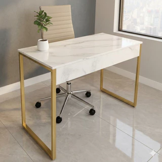 Mesa Escritório Home Office Estilo Industrial Pé Metalon Dourado Escrivaninha Quarto Computador MDF