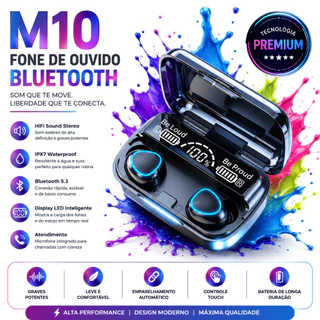 Fone Bluetooth M10 TWS Original Display Digital LED | Som Estéreo Hi-Fi Bass Potente | Headset Sem Fio Android iPhone |
