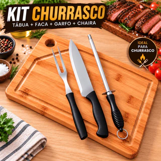 Kit Tábua de Churrasco 25x35cm + Faca 8 Polegadas Garfo Chaira Conjunto Churrasqueiro