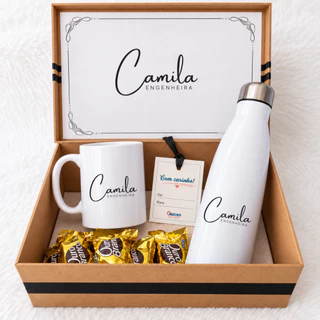 Kit Presente Personalizado Caneca + Garrafa Térmica + Caixa MDF com Nome e Profissão