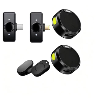 Microfone Lapela Redondo Imã Sem Fio Tipo C Preto Anti Ruído Duplo Mymotors Para Android E IOS