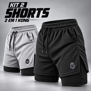 Kit 2 Shorts Masculino Kong 2 em 1 com Compressão, Bolso para Celular e Tecido Dry Fit