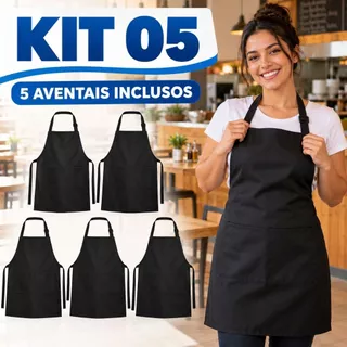 Kit 5 Avental Uniforme Com Bolso Ajustável Corpo Inteiro Oxford Liso Garçom Cozinha Durável Leve