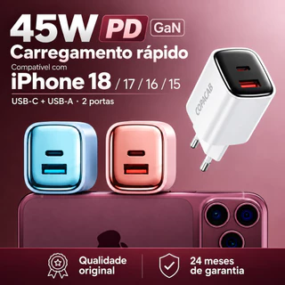 Carregador 45W GaN PD Turbo 2 Portas USB-C e USB-A–Carregamento Super Rápido para iPhone 15/16/17/18ProMax/iPad/Samsung