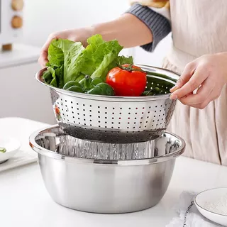 Kit 3 peças ralador, bacia e escorredor em aço inoxidável para preparo de alimentos