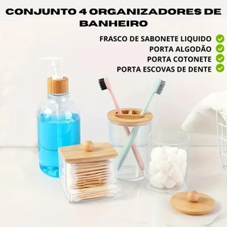 Conjunto 4 Organizadores De Banheiro Organização Bambu Porta Sabonete Líquido Algodão Cotonete em Oferta na Shopee
