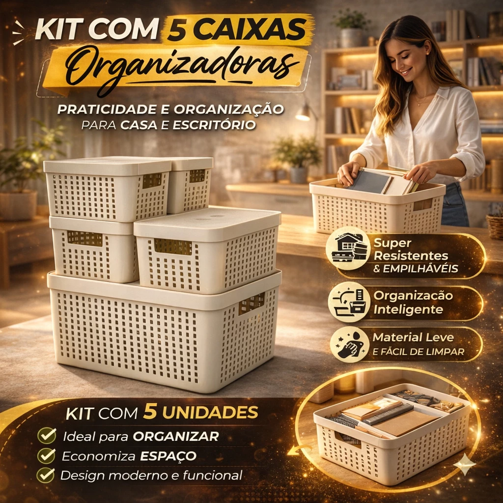 Kit 5 Caixas Organizadoras com Tampa Cesto Grande de Plástico 2 Litros 4,5 Litros 17 Litros