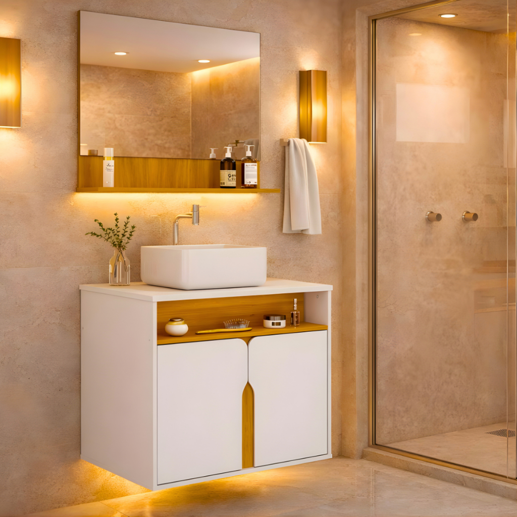 * * Armário de Banheiro Gabinete Espelho e Cuba de Resina Suspenso Lavabo CORES