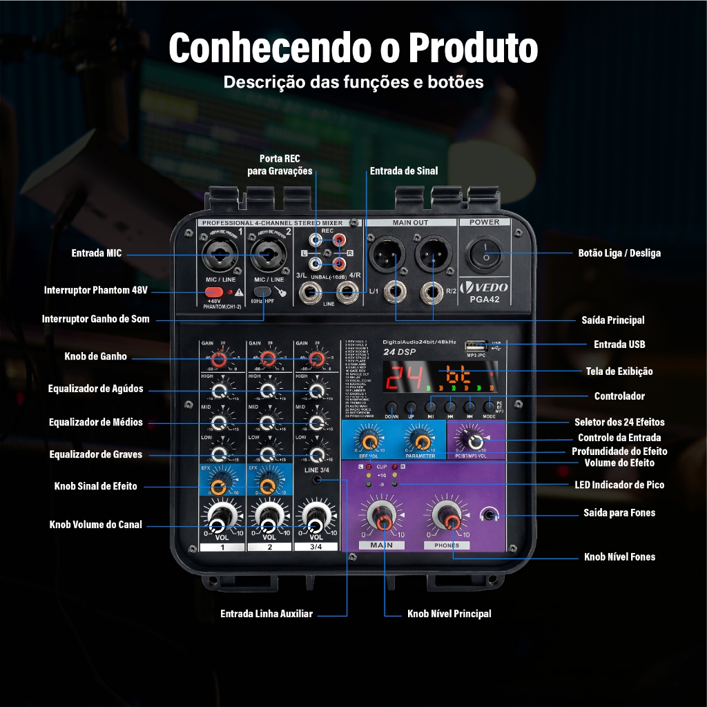 VEDO Mesa De Som Amplificada Profissional 4 Canais Console Mistura