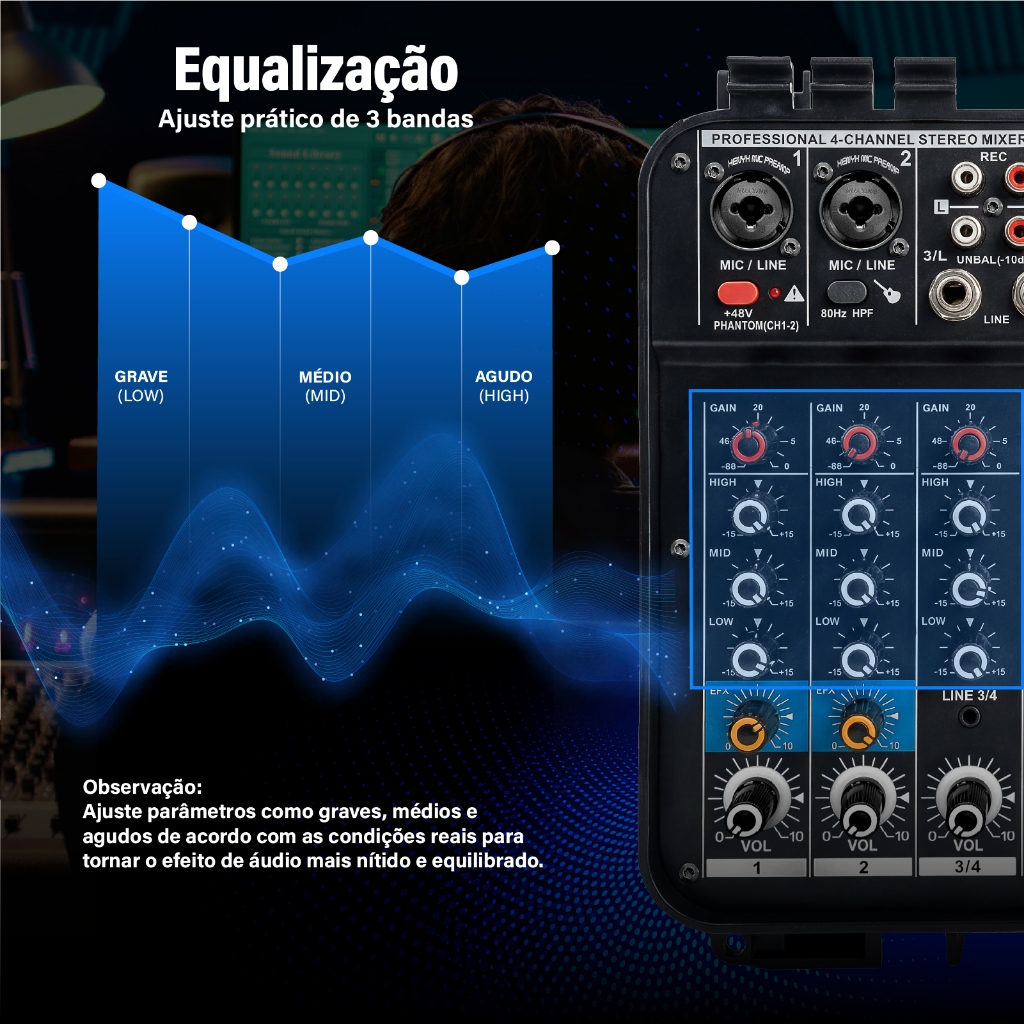 VEDO Mesa De Som Amplificada Profissional 4 Canais Console Mistura
