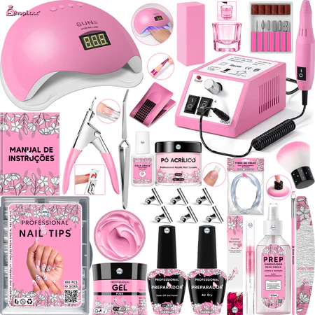 Kit Unha Gel Completo Lixadeira Elétrica Cabine Sun 5 Alongamento Unhas Tips Copo Dappen Fibra Prep