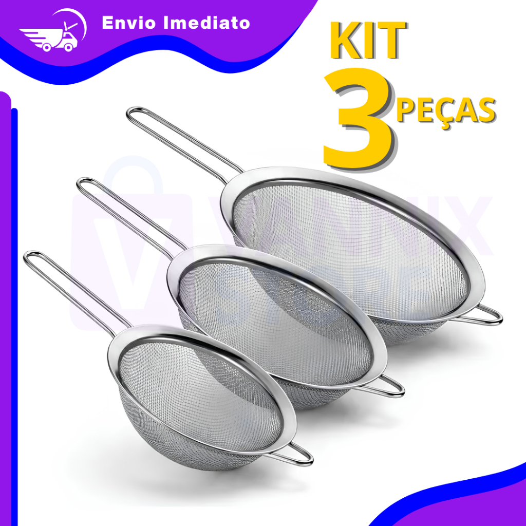 Peneiras de Aço Inox 3 Peças –Filtro Cozinha Resistente para