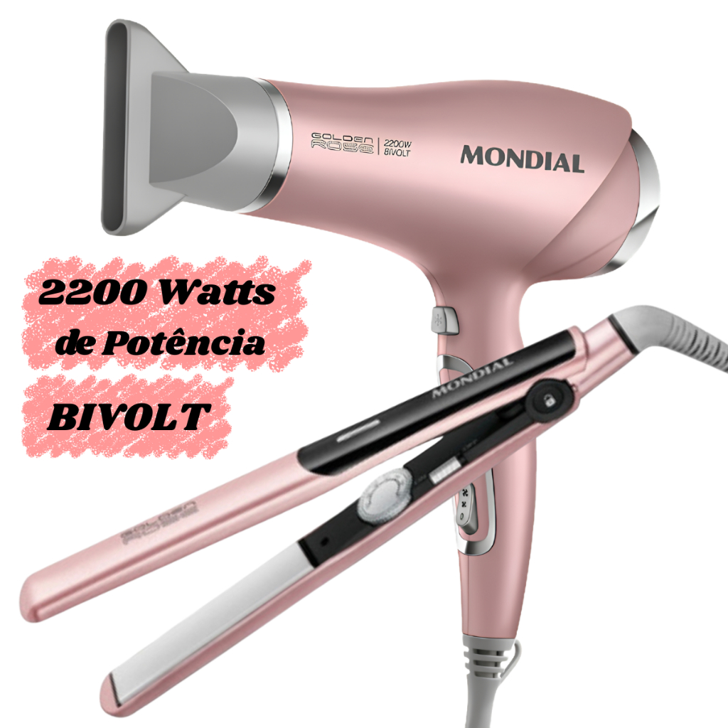 Kit Secador + Chapinha Golden Rose Line Mondial BIVOLT Com