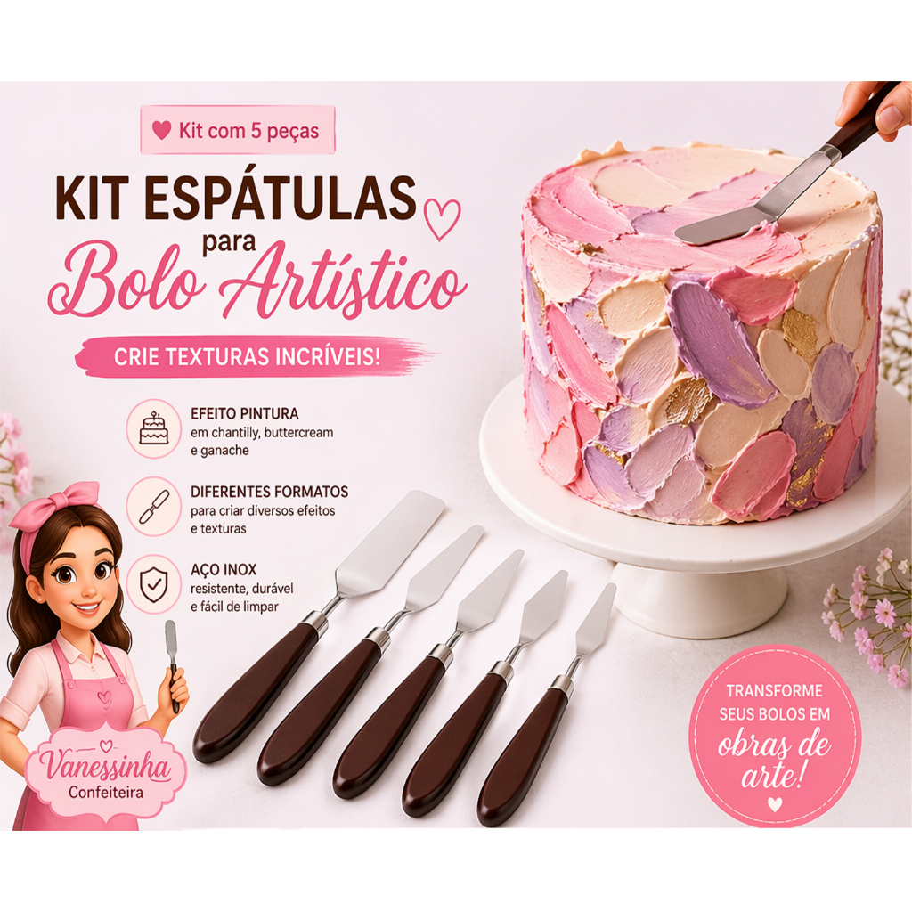 Kit Espátulas para Bolo Artístico 5 Peças | Efeito Pintura e