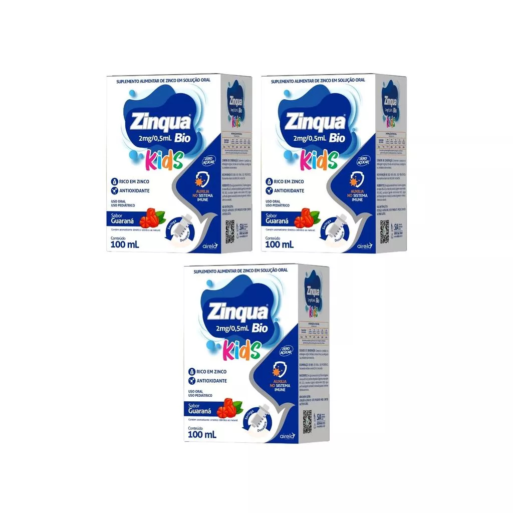 Kit com 3 Zinqua Bio Kids Zinco Suplemento Alimentar Airela 100 ml ...