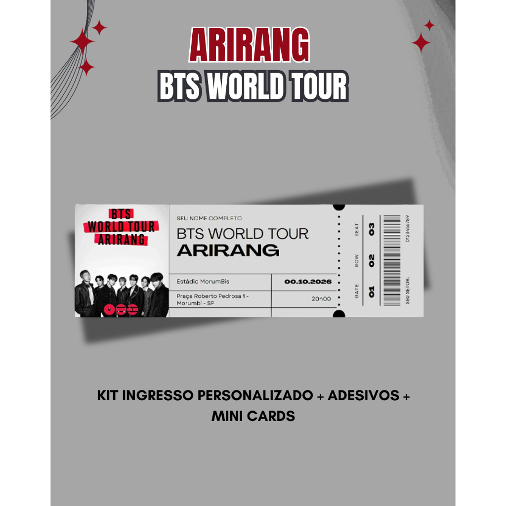 KIT BTS WORLD TOUR ARIRANG - INGRESSO PERSONALIZADO + MINI CARDS +