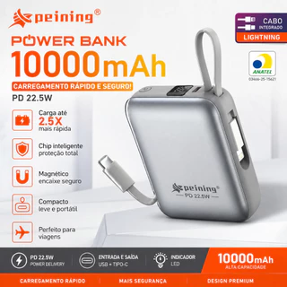 Mini Power Bank 10000mAh Ultra Fino com Cabo Lightning Carregamento Rápido para Viagem