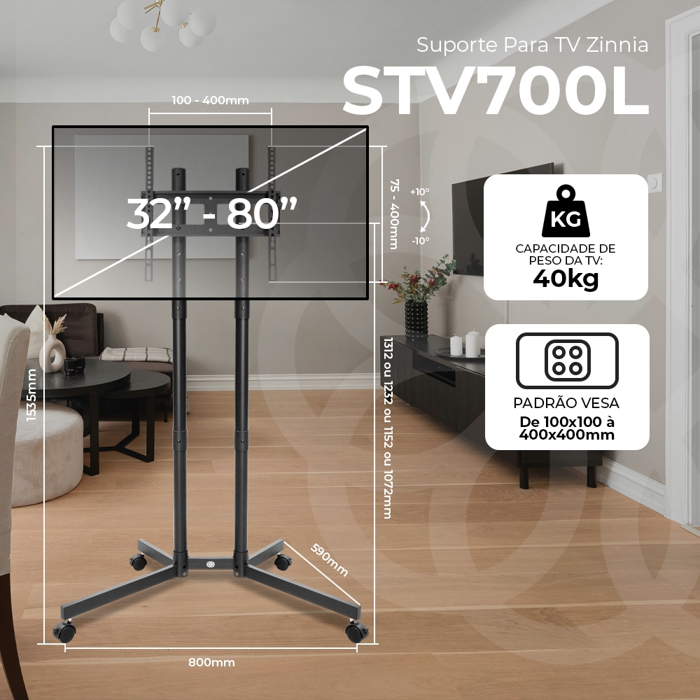 Suporte Pedestal Para TV 32 a 80 Pol Com Rodinhas Ajustável
