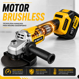 Esmerilhadeira Angular Sem Fio 125mm Motor Brushless 98V KINETX com 2 Baterias 2.6Ah 10 Células + Maleta e Kit de Corte