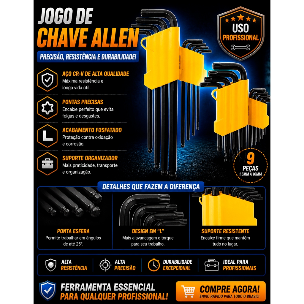 Kit Jogo de Chave Allen 9 Peças Longas Aço Cromo Vanadium