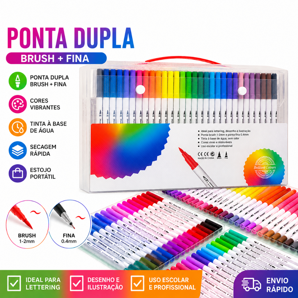 Kit Caneta Brush Pen Dual Tip 12/ 24/36/48/60 Cores Para Lettering ...
