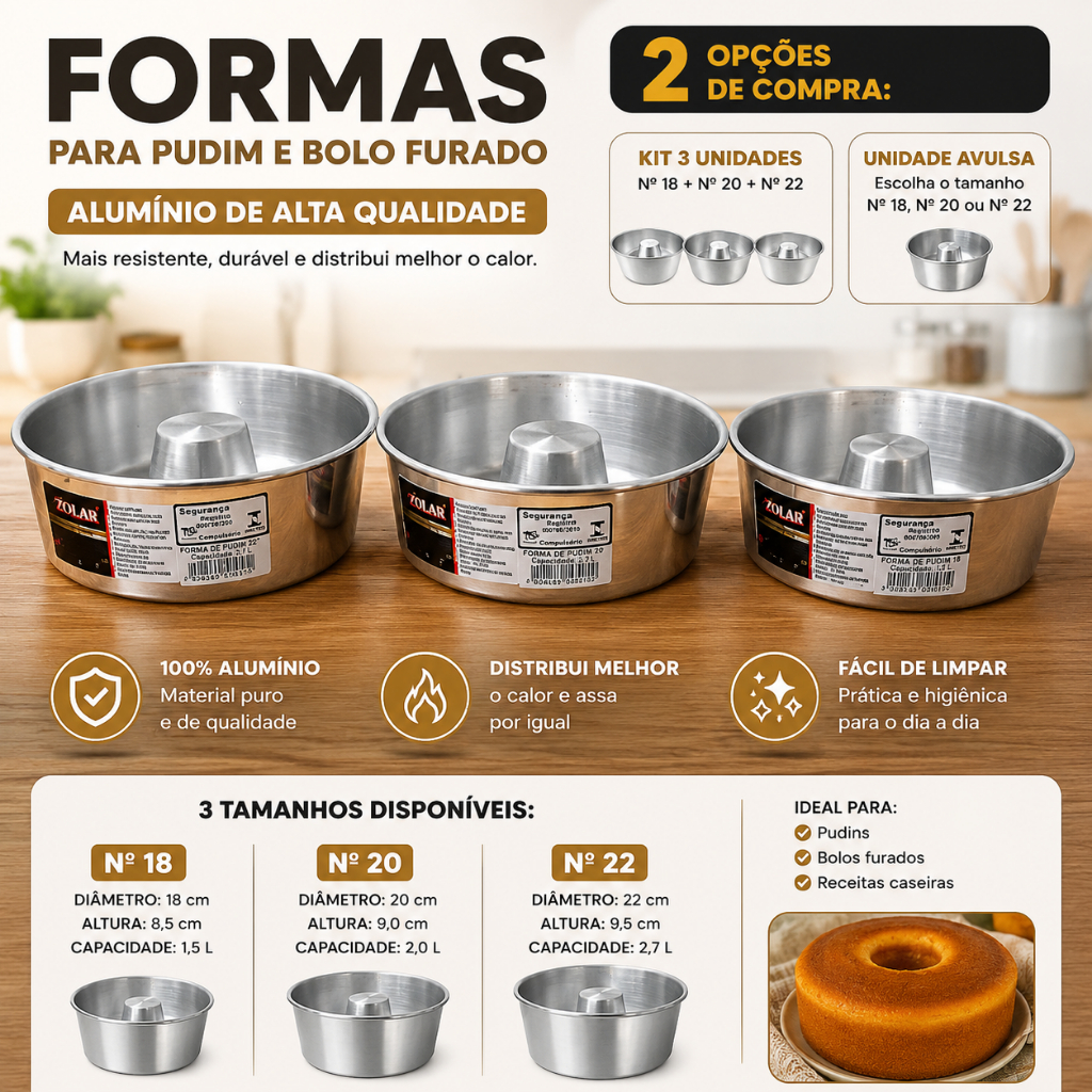 Forma de Pudim Vários Tamanhos N18 N20 N22 OU UNIDADE Bolo V