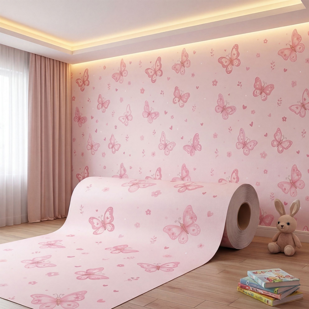 Papel de Parede Adesivo para Quarto Feminino Borboletas Rosa Infantil