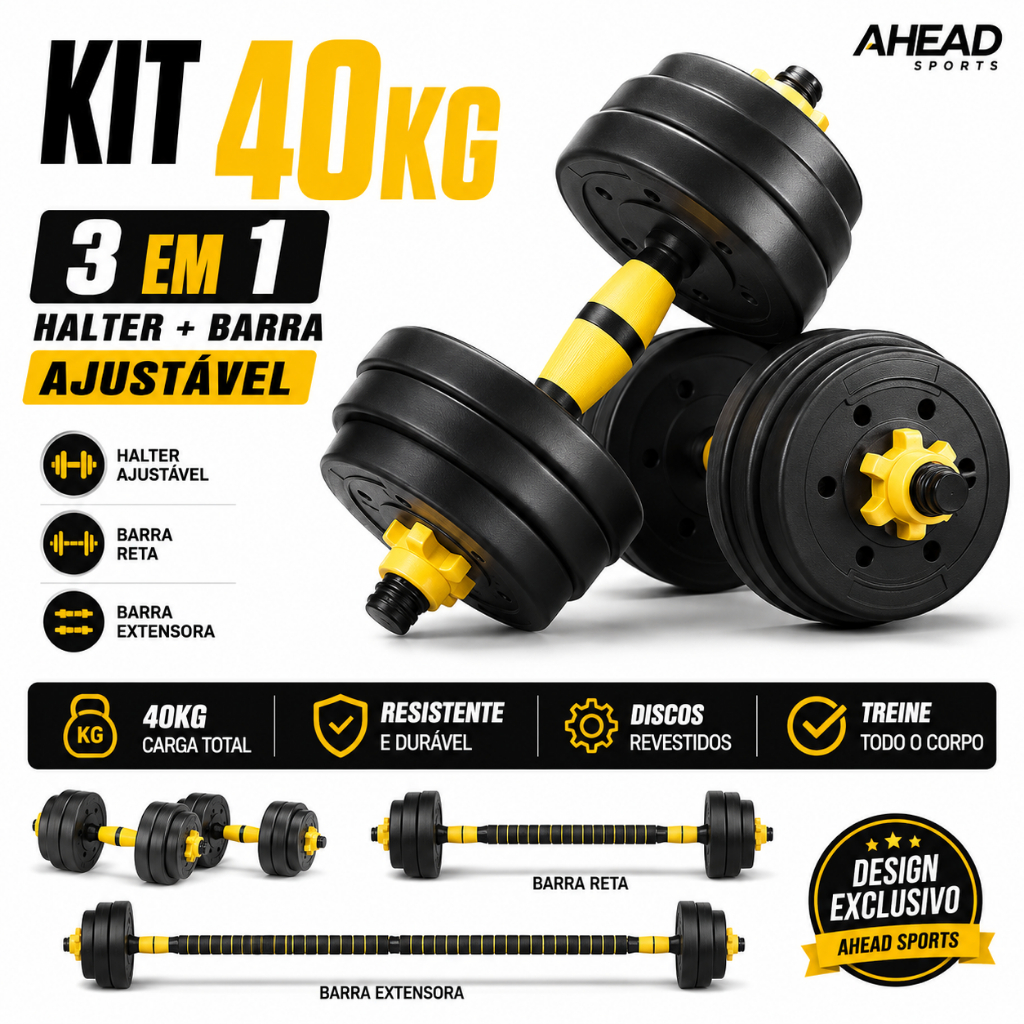 Kit Halteres 3 em 1 40kg Anilha Barra Musculação Academia Peso Ajustável Segurança e Durabilidade