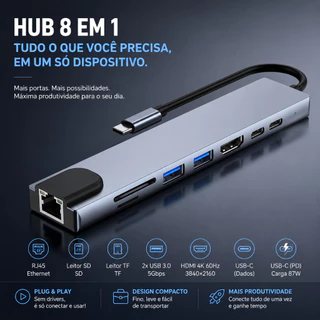 HUB USB-C 8 em 1 Adaptador Multiportas HDMI 4K RJ45 USB 3.0 SD TF Plug and Play