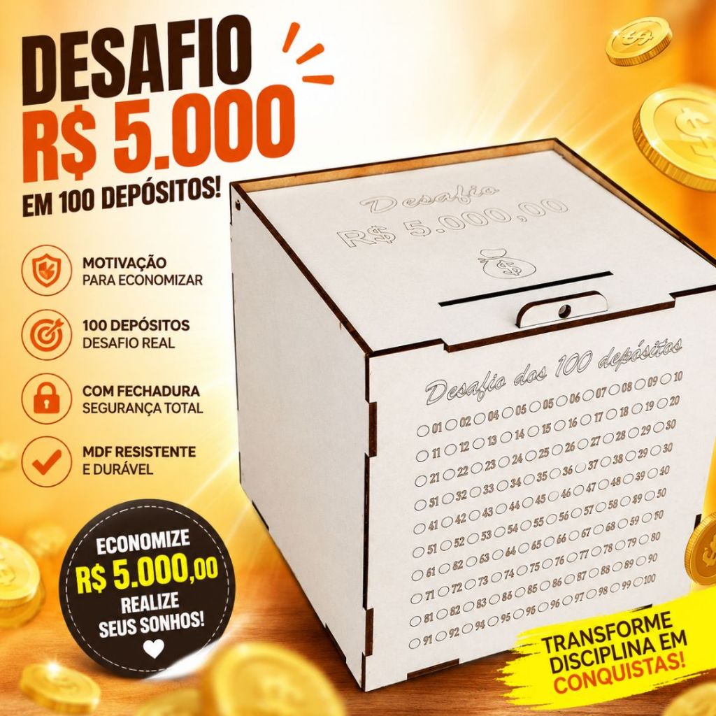Cofre Desafio 5 Mil Mdf Caixa De Guardar Poupar Dinheiro Cofrinho