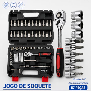 Jogo de Soquete 57 Peças 1/4 Catraca 72 Dentes Allen Torx E-Torx Aço Cr-V Maleta PCI Ferramentas