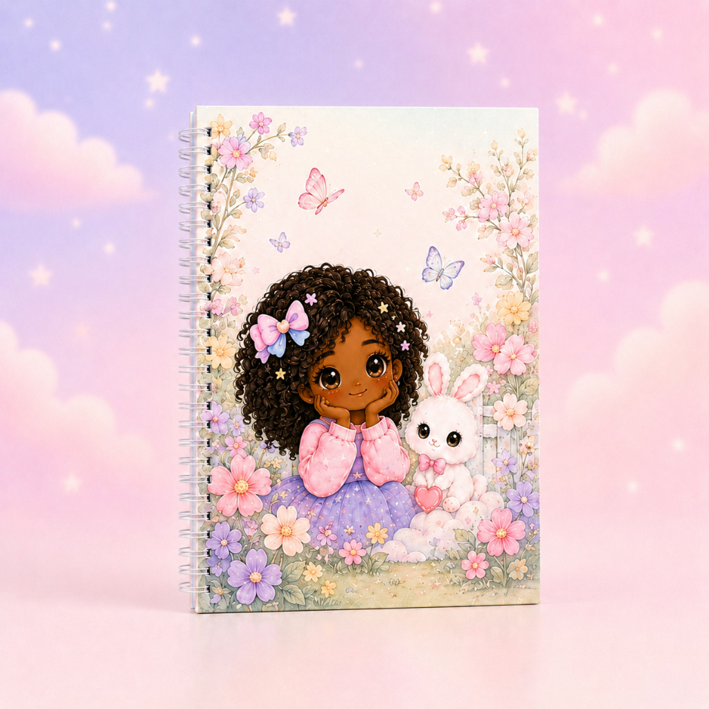 Caderno Personalizado Infantil | Meninas — Jardim Floral - pele negra