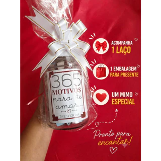Kit Presente Pote De Vidro 365 Motivos Para Amar + Saco Celofane E Laço