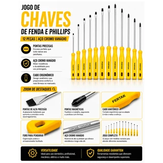 Kit Jogo Chave De Fenda E Phillips 12 Peças De Aço Profissional
