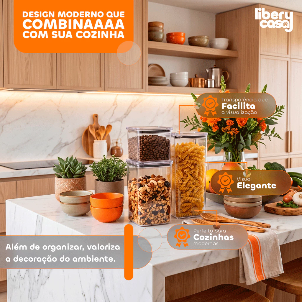 Jogo com 6 Potes Hermético 1,1 Litro Armazenar Alimento Organizar Libery Casa