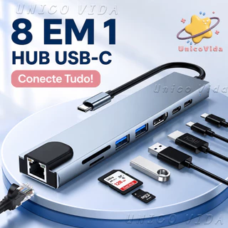 Adaptador USB-C 8 em 1 Hub Tipo C HDMI 4K RJ45 USB 3.0 SD TF Compatível com Notebook e Tablet | UnicoVida